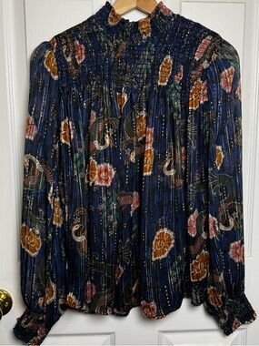 Maison Scotch Sheer Floral Metallic Stripe Smocked Blouse Boho High Neck Top L